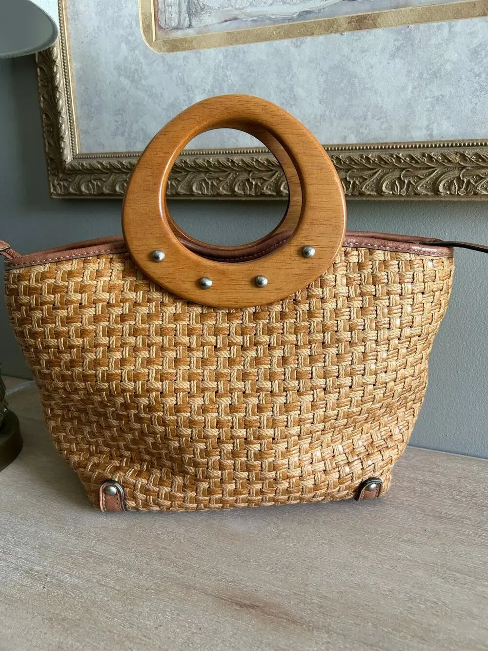 Fossil Vintage style Woven Straw Bag, Boho-Chic Wooden Handles, Resort Style” - Picture 1 of 11